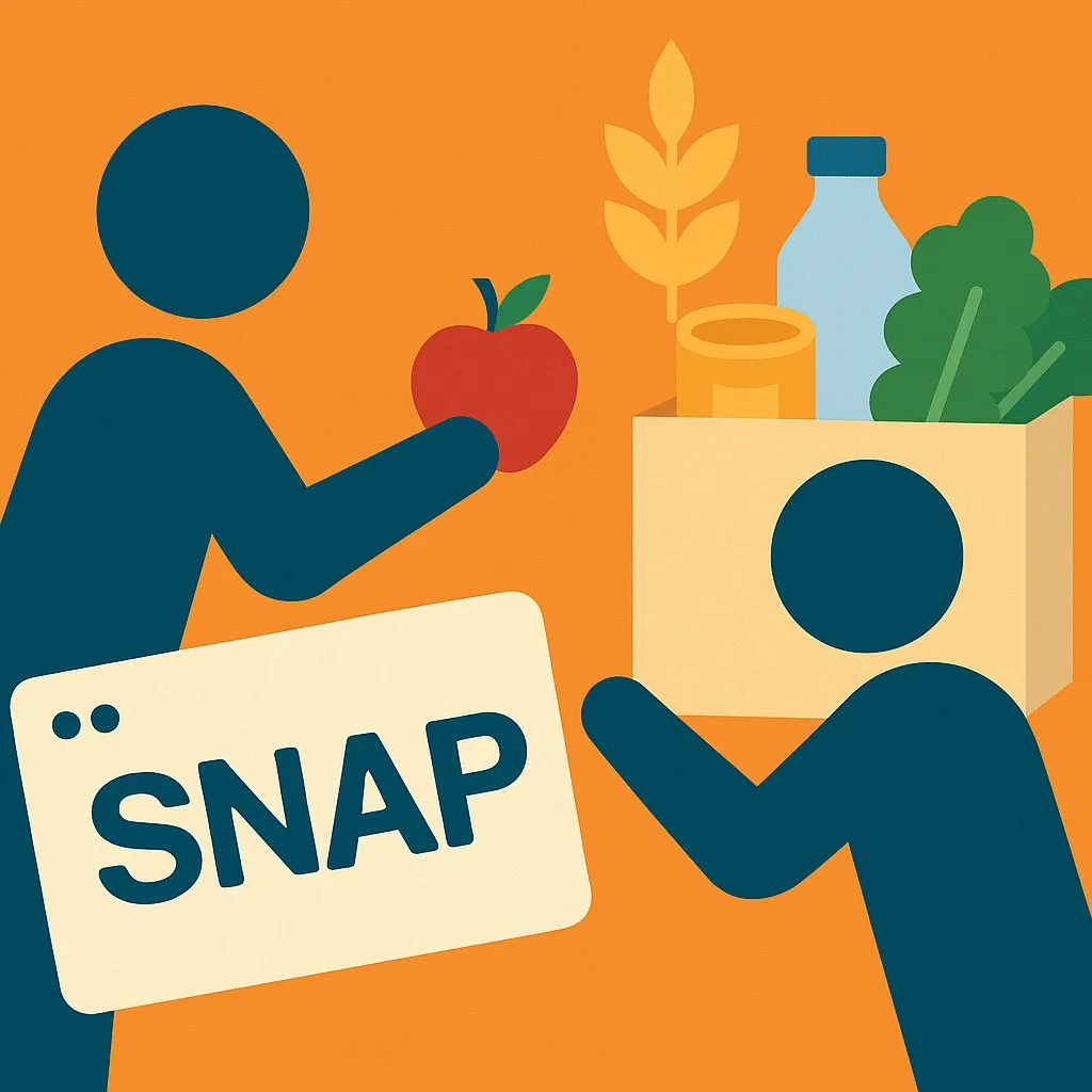 Illustration of a family and a SNAP sign